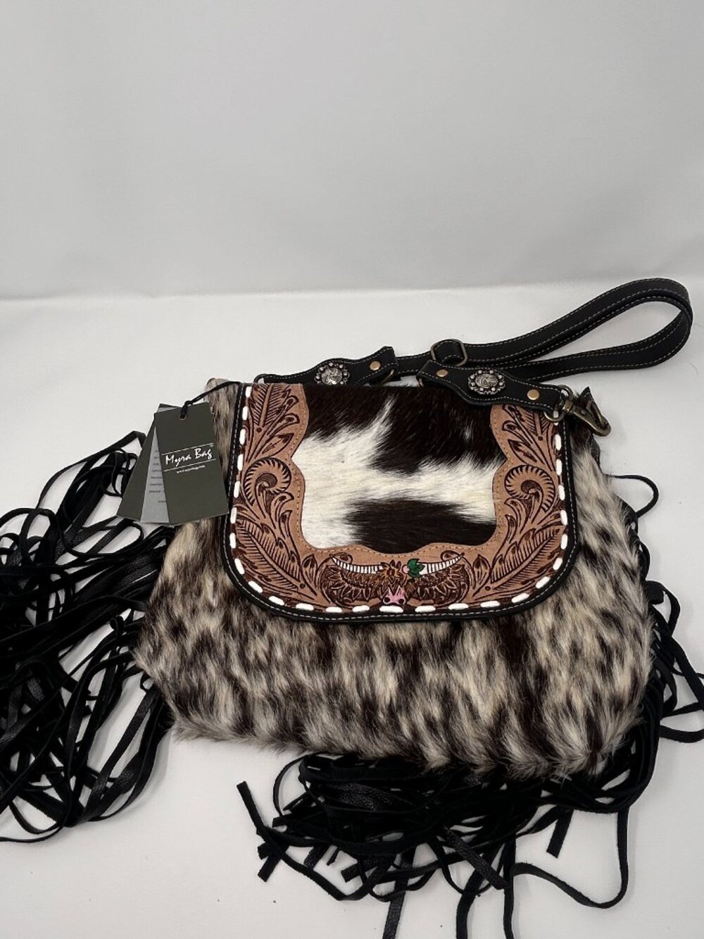 NWT Myra Hair On Hide Fringe Crossbody Leather Western Cowhide Purse
